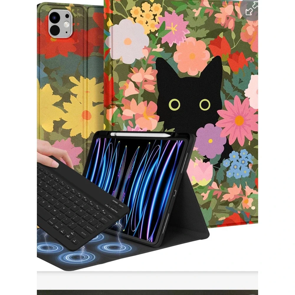 Black Cat Floral Tablet Case with Detachable Bluetooth Keyboard Cow Print Sleeve